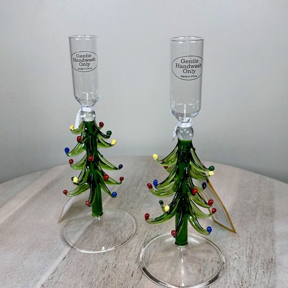 Cupcakes and Cashmere Set of 2 Christmas Tree Glass Candlestick Holders NEW - Picture 3 of 10